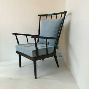 fauteuil vintage eventail baumann bois noir coussin bleu clair brocante