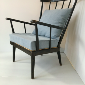 fauteuil vintage eventail baumann bois noir coussin bleu clair brocante paris batignolles ruenollet