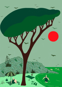 sous le pin vert calanque de port pin soleil rouge ipadrawing lionel borla illustration affiche dart paris galerie rue nollet batignolles caroline la boutique