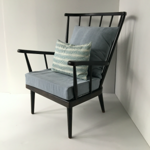 fauteuil baumann eventail vintage bois noir coussins bleu gris la boutique de caroline paris17 selency