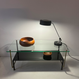 table basse ancienne verre laiton doré verre opalin noir 1950 perriand lamp