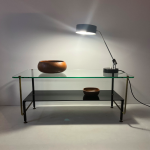 table basse ancienne verre laiton doré verre opalin noir 1950s light