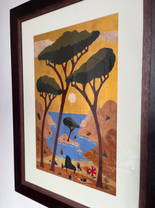 oeuvre dart tableau or brou de noix lionel borla pin parasol sur italie calanque