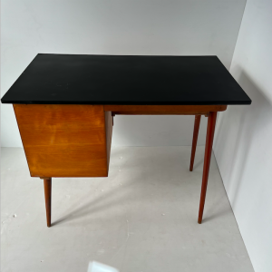 bureau vintage pieds compas bois clair et plateau noir