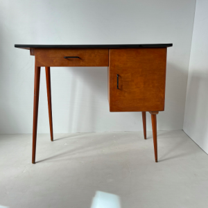 bureau vintage pieds compas bois clair et plateau noir face