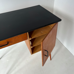 bureau vintage pieds compas bois clair et plateau noir zoom