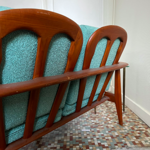 canapé danois scandinave en teck coussin vert bleu bouclette