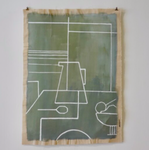 tenture murale peinte nile avrandinis artiste marseille natur emorte pichet dessin bleu vert de gris