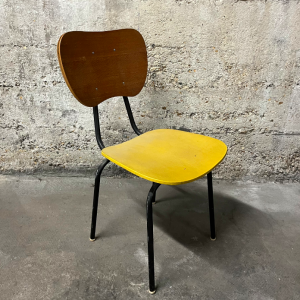 4 chaises vintage de salle a manger style jacques hitier french vintage design midcentury 3:4 skai jaune