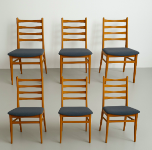 6 chaises de salle a manger bois clair assise bleu benze sitzmobel paris asisses tapissier batignolles montmartre 9eme