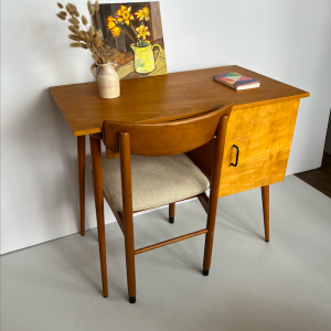 bureau vintage ancien 1950 bois clair pieds compas brocante paris + chaise