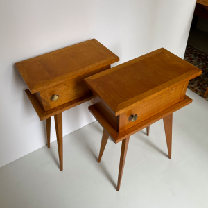 table de chevet french design 1950 pieds compas bois clair lartetlafacon batignolles boutique vintage paire table de nuit
