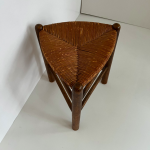 tabouret triangle paille et bois vintage