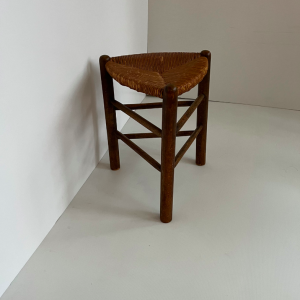 tabouret triangle paille et bois vintage petit