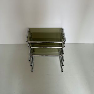 table gigogne annees70 verre fumé métal chrome inox tubulaire vintage boutique paris