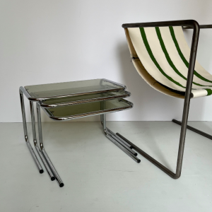 table gigogne annees70 verre fumé métal chrome inox tubulaire vintage boutique paris lannexe rue nollet