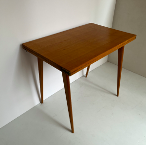 table portefeuille annees 1950 french midcentury design pieds compas bois clair assiettes couleurs table à manger extensible 3:4 blond