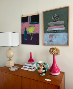 pastel sur papier suzanne malingue galerie art paris exposition vert bleu rose tableau encadrement rue nollet batignolles lampe marbre