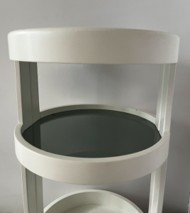 chariot italien de rangement bois blanc et verre annees1970 desserte space age a roulettes