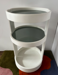 chariot italien de rangement bois blanc et verre annees1970 desserte space age a roulettes paris la boutique de caroline