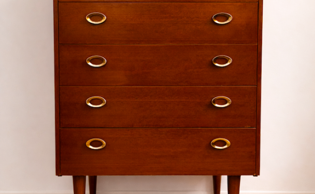 Chiffonier vintage 5 tiroirs poignées laiton doré – L65xP39xH90 cm – 420 €