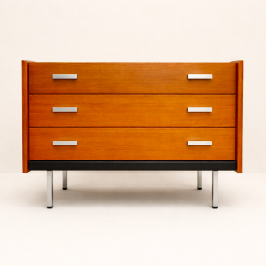 commode console coiffeuse geroge frydman midcenturydesign pieds chromé bois clair la boutique de caroline paris17 selency
