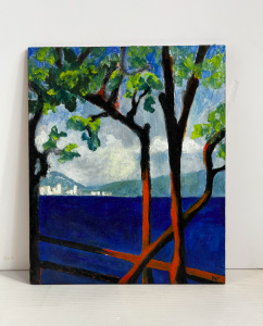Tableau TAT Duvillier 2: derrière les grands arbres pin rouge mer bleu roi huile