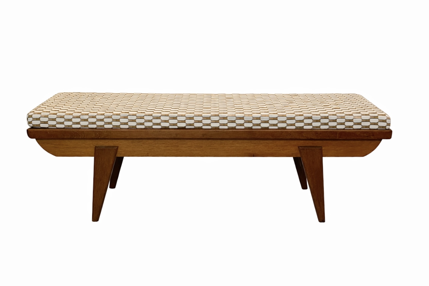 Banquette ancienne en chêne, coussin sur mesure – 580 €