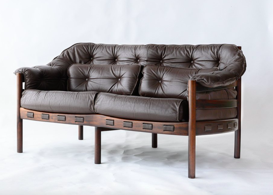 Canapé 2 places en cuir marron Arne Norrall pour Coja Sweden –