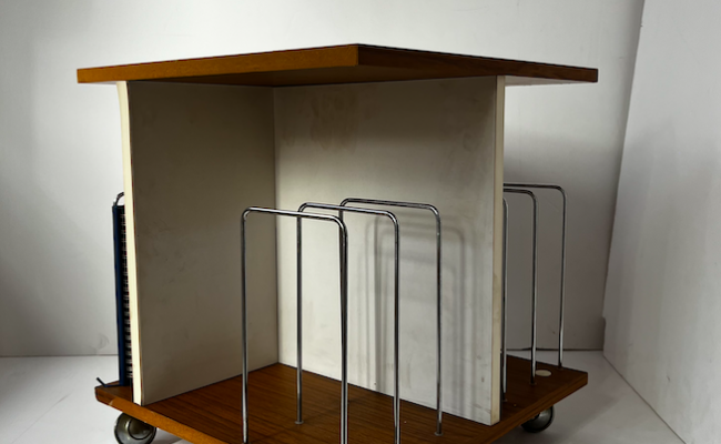Meuble bas à roulettes range-vinyles – L 42 x P 42 x H 45 cm – 110 €